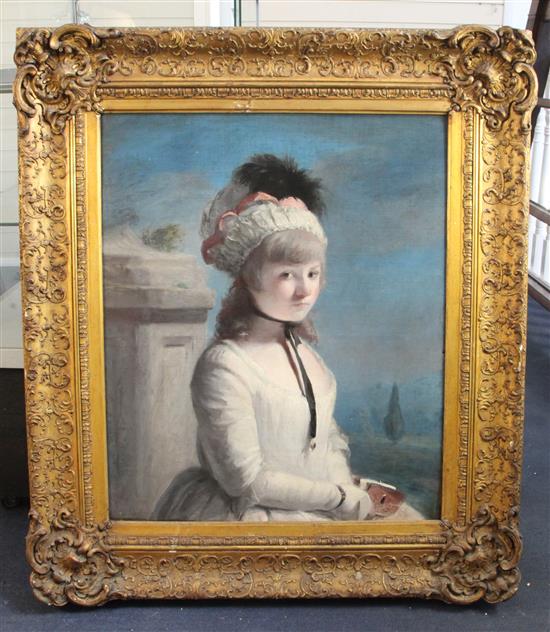 Follower of John Opie (1761-1807) Portrait of a young lady (reputed to be Miss Frances Laver) seated in a landscape 30 x 24.75in.